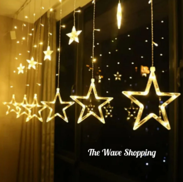 Golden Big Star Curtain Light, 12 Hanging Golden Star String Lights, Drawing room decoration LED Curtain String Light Fairy LED Star String Light Holiday Party Wedding Decoration Lamp