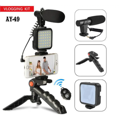 AY-49 Phone Vlog Tripod Vlogging Kits Live Selfie Fill Light Integration with Remote Control Microphone Light Light